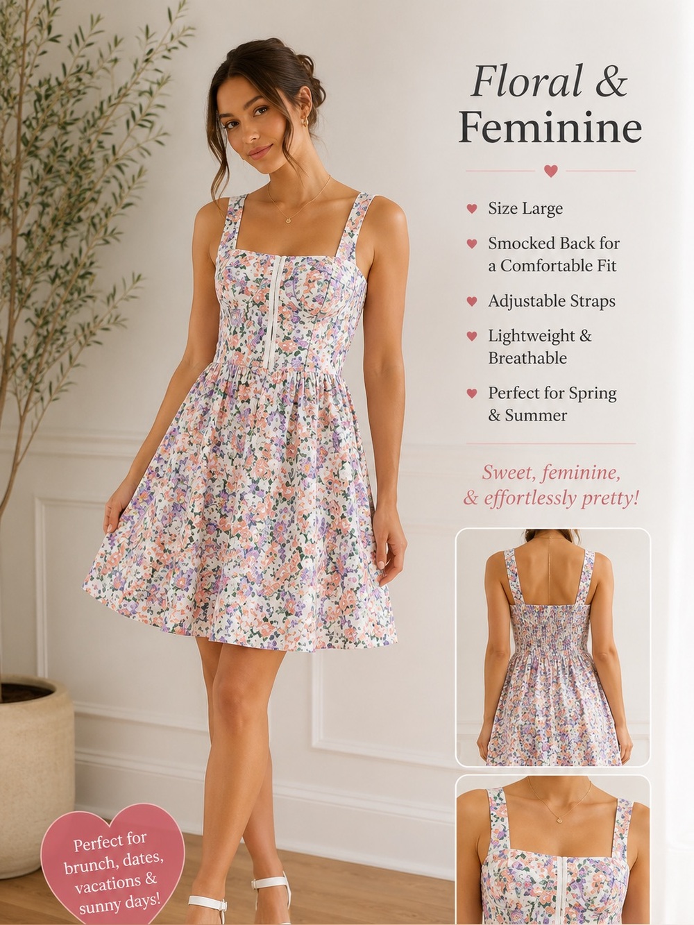 Avec Les Filles Cream Sundress with Pink, Purple and Green Floral Print